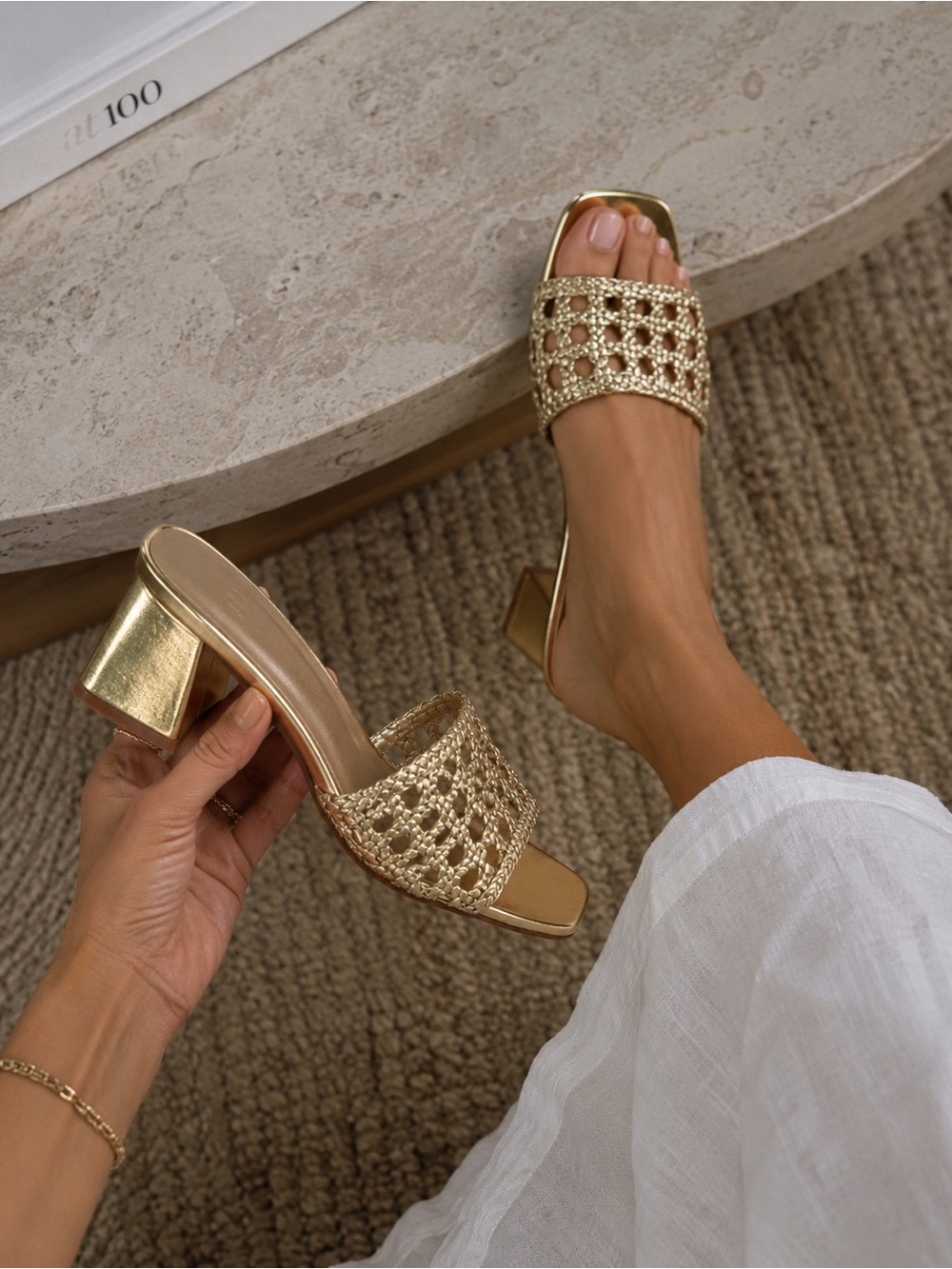 JustFab Metallic Gold Braided Slide Mules